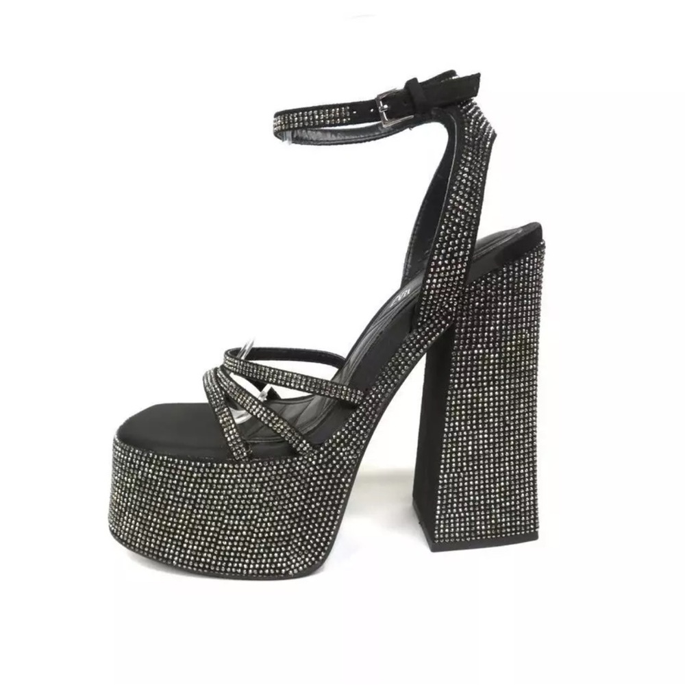 Zara Rhinestone Chunky High Heeled Platform Sandals Black & Silver Sz 41 10/10.5 - Picture 2 of 7